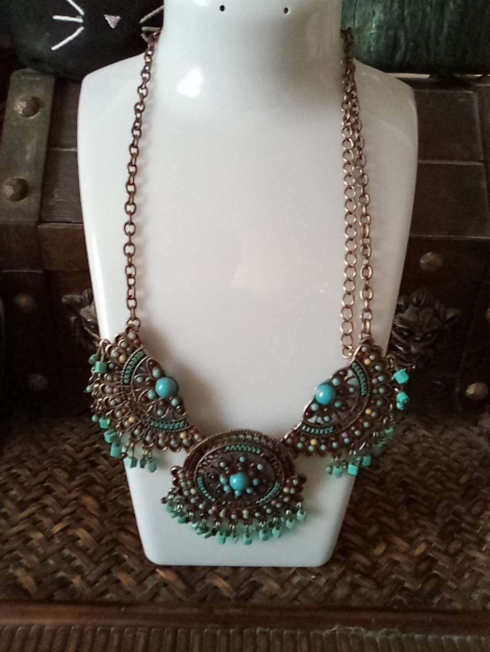 Turquoise Beaded Antique Gold Statement Necklace
